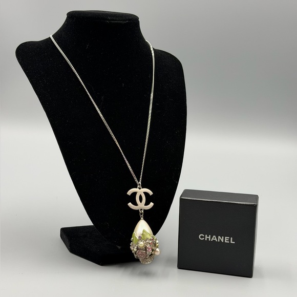 CHANEL Jewelry - Chanel Silver-Tone CC Pearl Drop Necklace with Floral Gem Detail